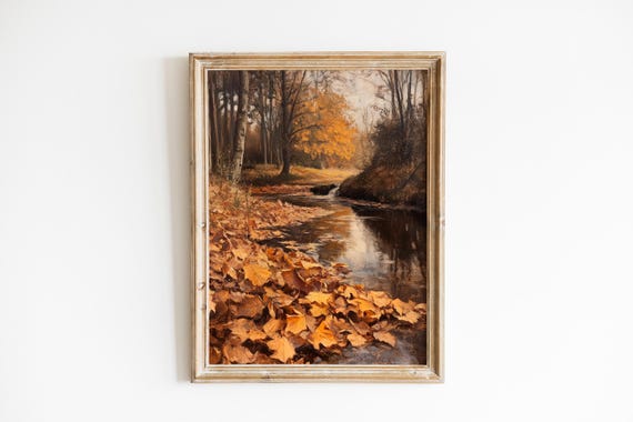 Moody Autumn Landscape Frostdusted Leaves By Stream Rustic Fall Forest Scene Cozy Vintage Colors Art Print 450