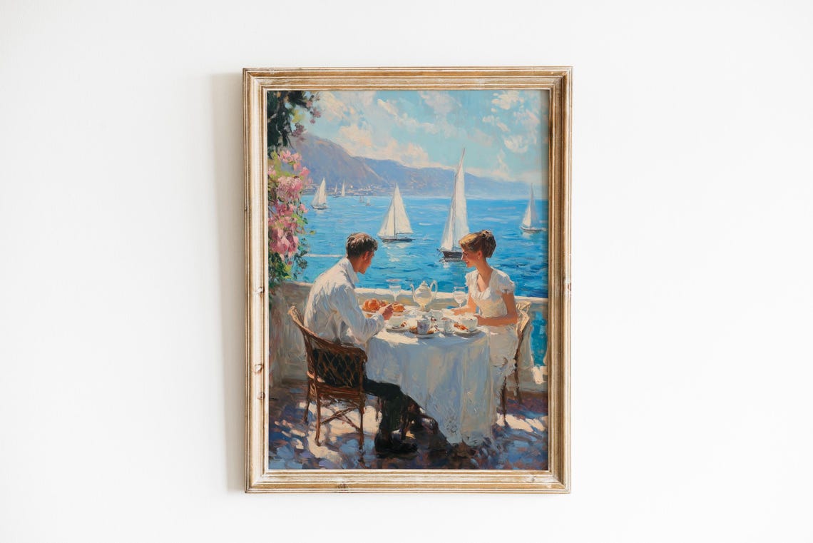 Romantic Couple Breakfast Terrace Overlooking Sailboats Art Print