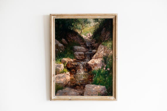 Rustic Mountain Stream Landscape Moody Earthy Wall Art Rainy Slate And Moss Decor Serene Nature 739