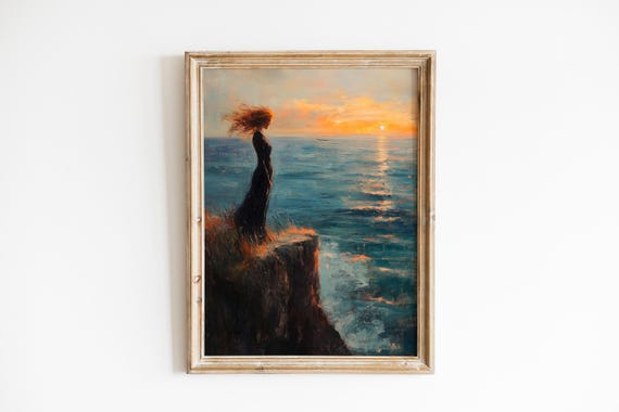 Moody Coastal Sunset Print Woman At Cliff Edge Art Romantic Oil Painting Dramatic Landscape Ocean View 496