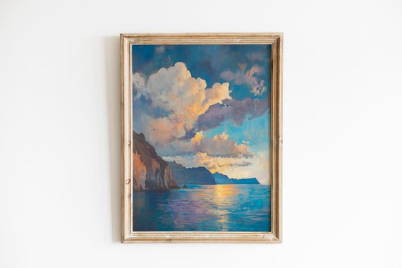 Moody Isle Of Skye Coastal Cliffs Art Dramatic Seascape Painting Vintage Atmosphere Sunlit Horizon 653