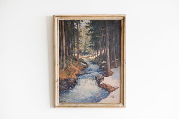Rustic Tranquil Forest Stream Winter Moody Art Snowmelt Through Pines Nature Landscape Print Cool Blues Warm Highlights 776