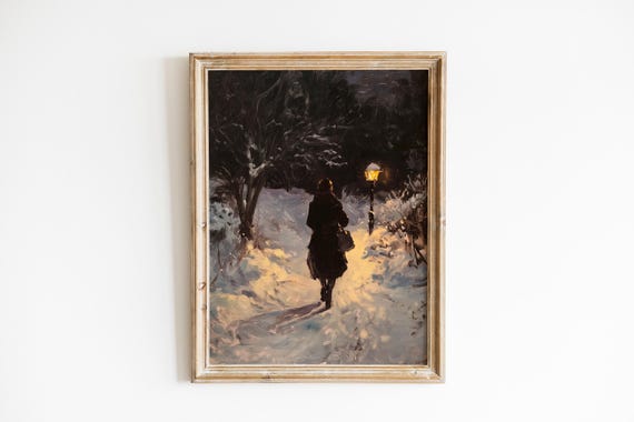 Moody Winter Scene Wall Art Solitary Woman Walking On Snowy Path Vintage Lamplight Dark Trees 508