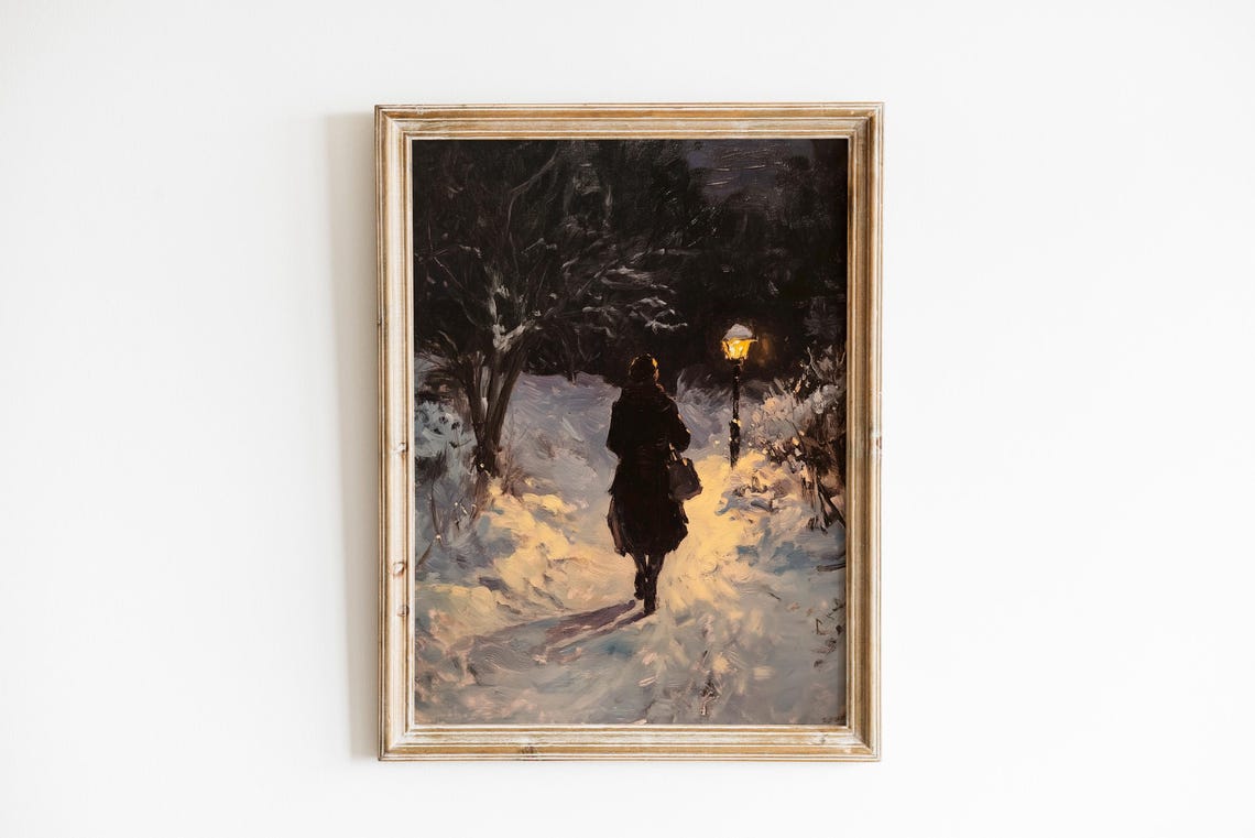 Winter Night Walk Under Glowing Lamp Snowy Path Painting Poster