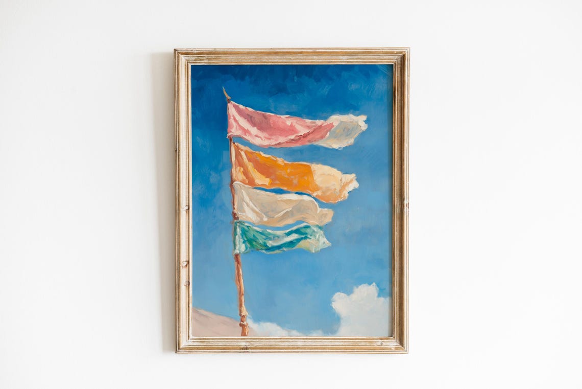Colorful Prayer Flags Fluttering Against Blue Sky Boho Poster