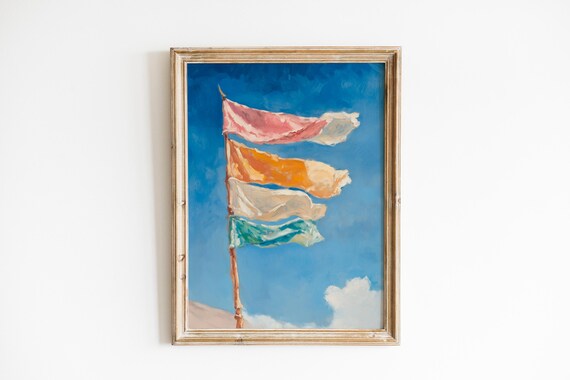 Spiritual Prayer Flags In Sky Art Boho Wall Decor Serene Landscape Painting Moody Blue Skies 730