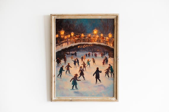 Cozy Vintage Winter Print Children Ice Skating On Frozen Pond Warm Lantern Light Moody Holiday Wall Art 644