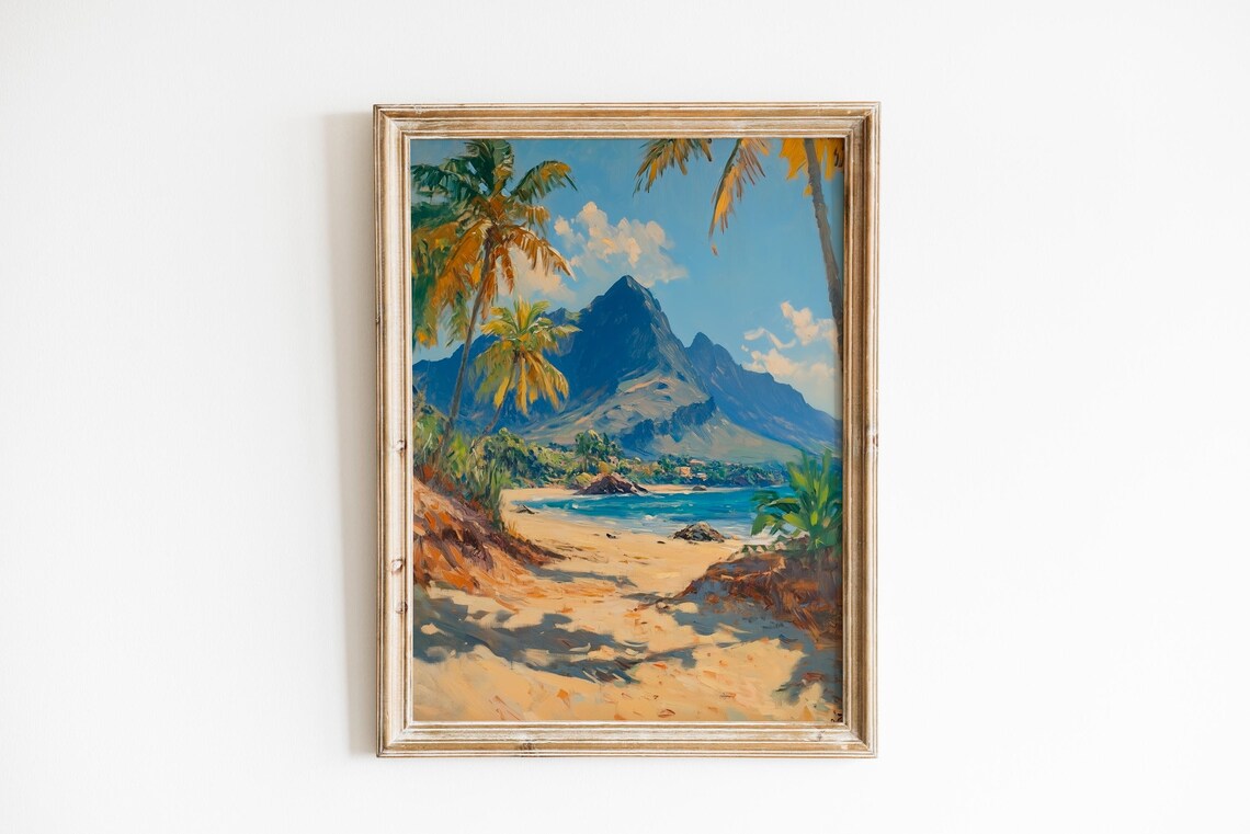 Vintage Tropical Beach Painting Palm Trees Turquoise Bay Mountain View Print