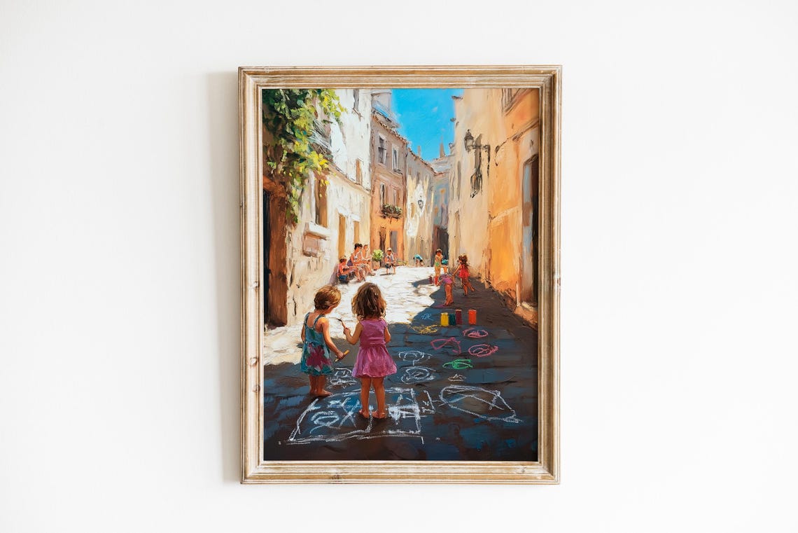 Sunlit Summer Children Drawing Chalk On Village Street Wall Art