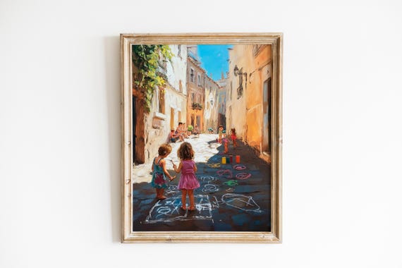 Rustic Children Drawing With Chalk On Sunlit Cobblestones Warm Nostalgic Scene Playful Alley Art 640