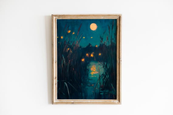 Moody Summer Night Firefly Landscape Impressionistic Art Serene Pond Scene Glowing Reeds Wall Decor 412
