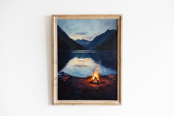 Moody Rustic Campfire By Mountain Lake Serene Landscape Art Cozy Camping Decor Earthy Wall 118