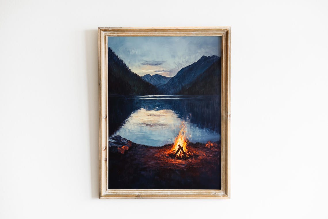 Cozy Moody Campfire By Mountain Lake Night Landscape Wall Art