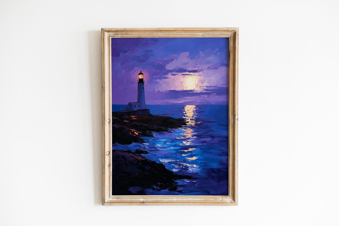 Moonlit Lighthouse Seascape Painting Poster Purple Twilight Ocean Art