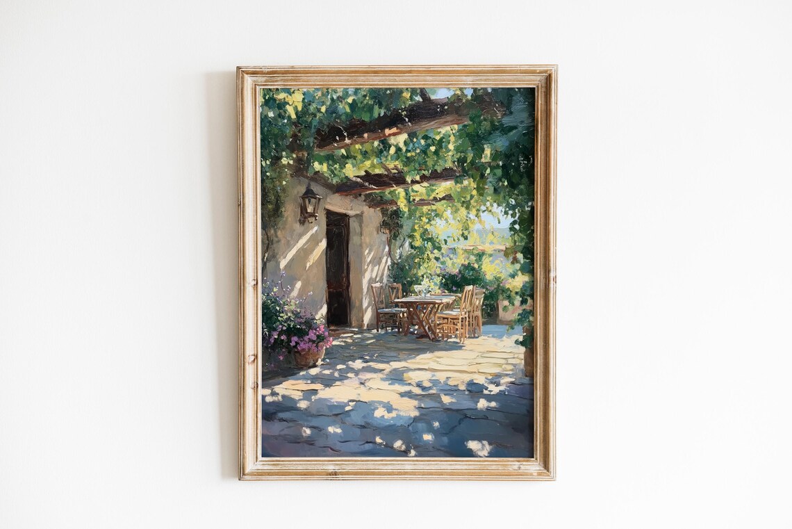Sunlit Courtyard With Grape Vine Stone Pathway Cozy Mediterranean Wall Art