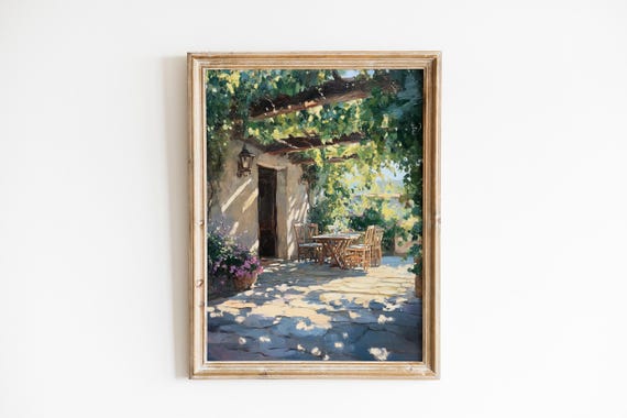 Rustic Sunlit Courtyard Painting Cozy Cottage Stone Pathway Mediterranean Grape Vine Decor Farmhouse Wall Art 852