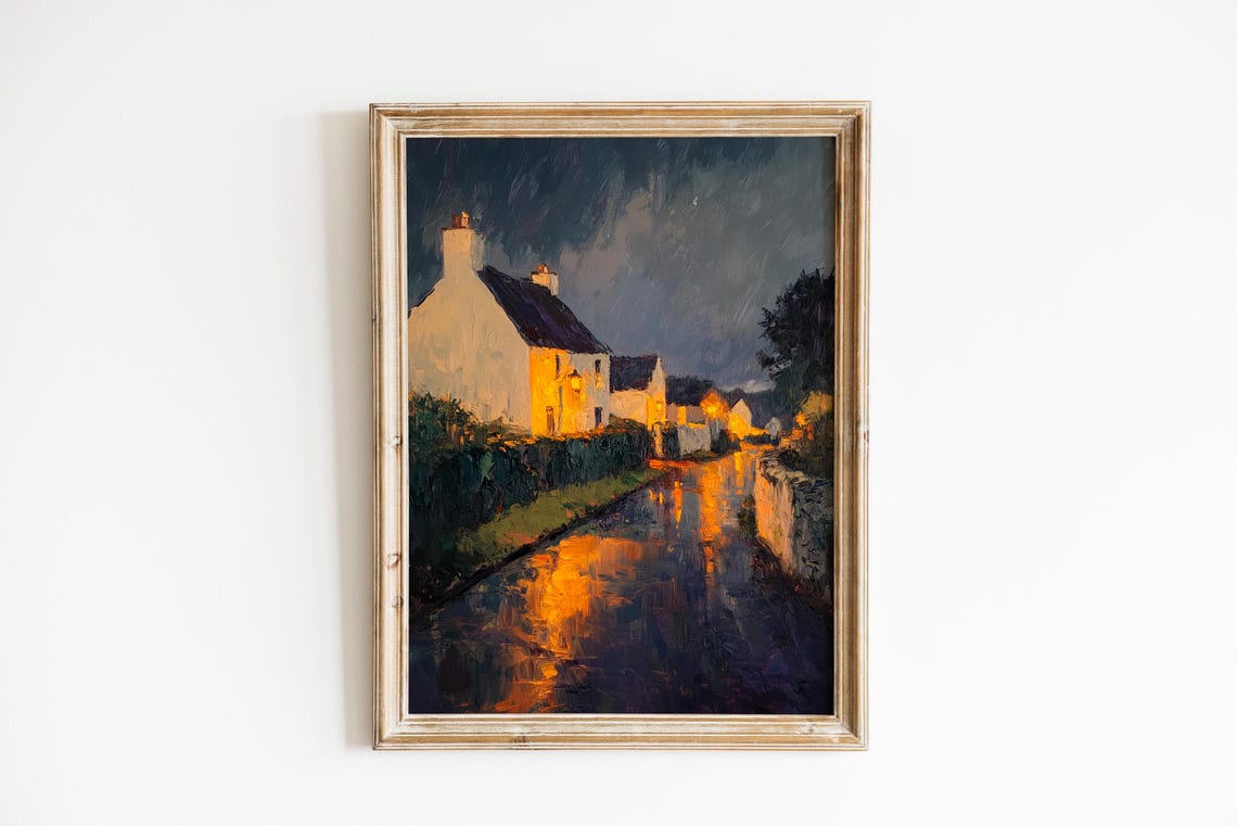 Irish Village Evening Rain Wet Road Cottage Moody Landscape Poster