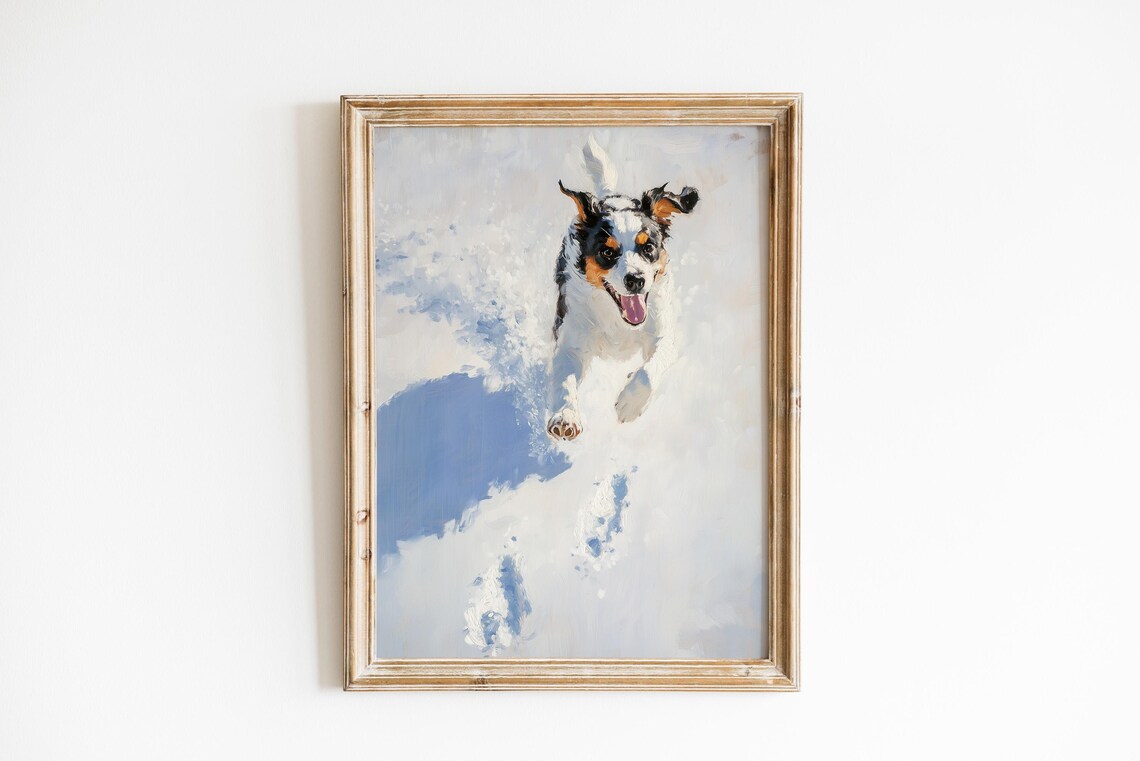 Happy Tricolor Dog Leaping Through Snow Joyful Winter Painting Poster