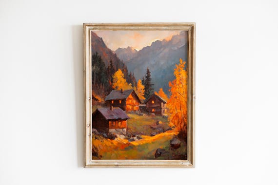 Rustic Autumn Cabins in Mountains Warm Fall Colors Cozy Art Poster