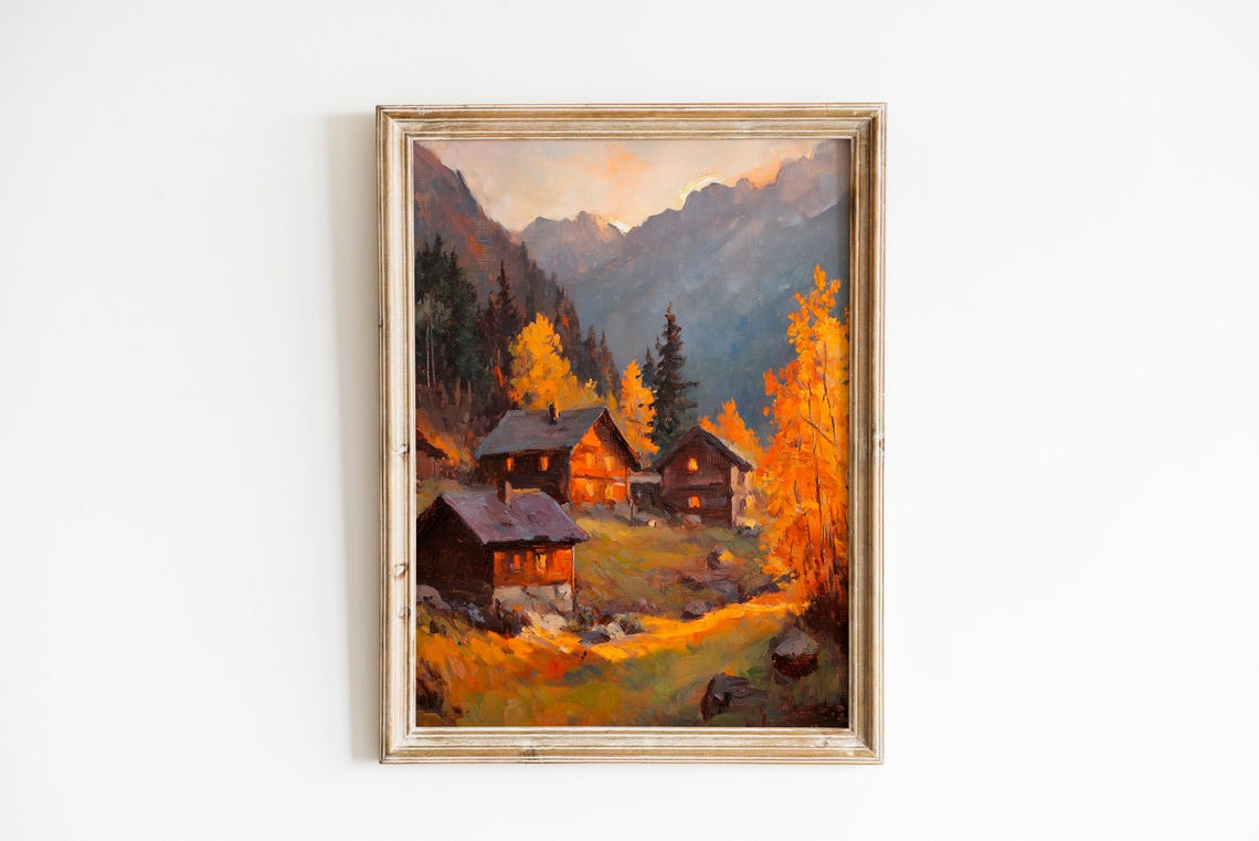 Rustic Autumn Cabins in Mountains Warm Fall Colors Cozy Art Poster
