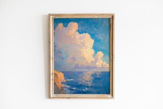 Coastal Seascape Art Dramatic Cloud Over Ridge Painting Nautical Wall Decor Moody Atmosphere 269
