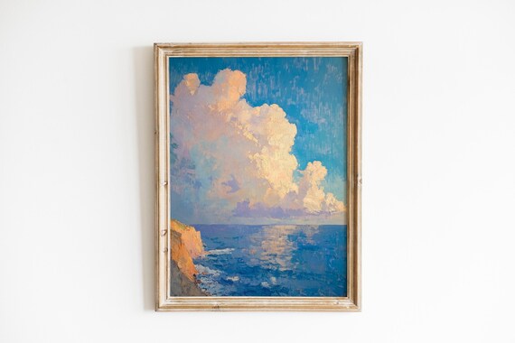 Dramatic Coastal Cloudscape Oil Painting Blue Ocean Seascape Wall Art