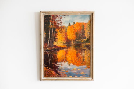 Autumn Forest Reflection Fiery Foliage Lake Oil Painting Poster