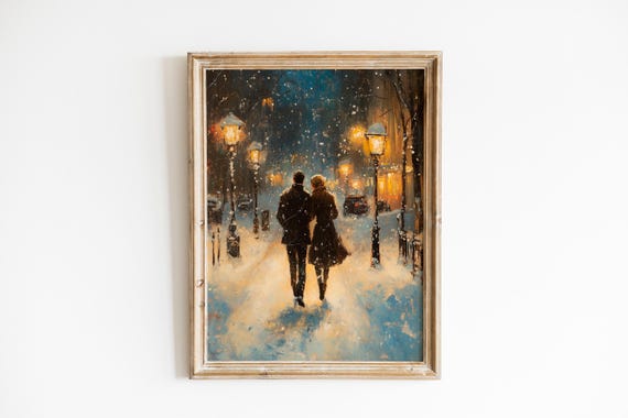 Romantic Snowy Stroll Moody Night Scene Impressionistic Winter Art Cozy Street Lamps Couple Walking Wintry Wall Decor 1028
