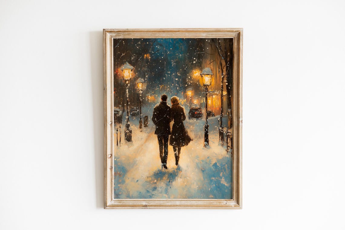 Romantic Couple Walking in Snowy Night Lamppost Glow Winter Art Poster