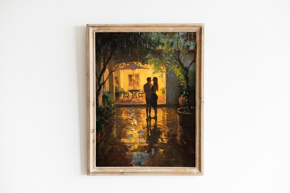 Rainy Night Romance Moody Couple Under Awning Cozy Intimate Scene Cinematic Wall Art Romantic Painting 1010