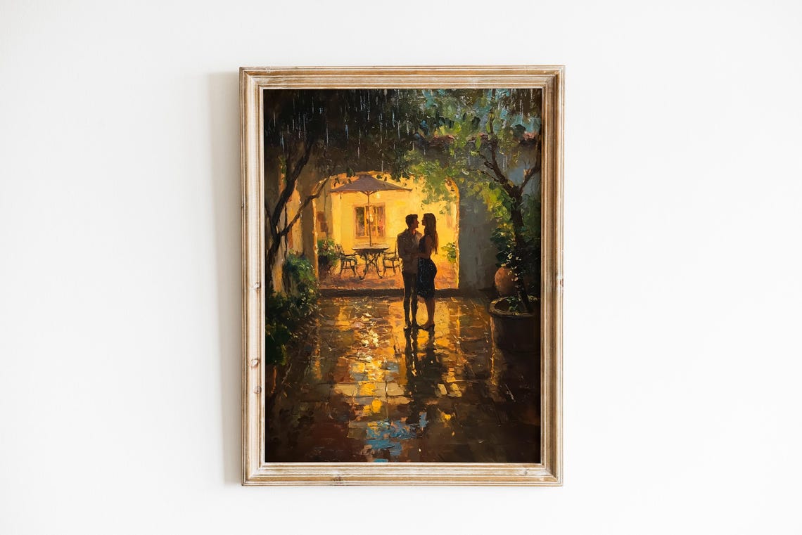 Rainy Night Romance Couple in Glowing Courtyard Painting Print