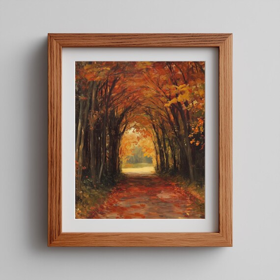 Rustic Treelined Corridor Pathway Warm Autumnal Forest Print Moody Cozy Wall Art Fall Landscape 29