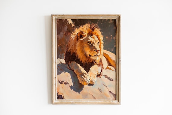 Majestic Lion Resting On Sunwarmed Rock Realistic Wall Art Earthy Tones Nature Decor Artwork 331