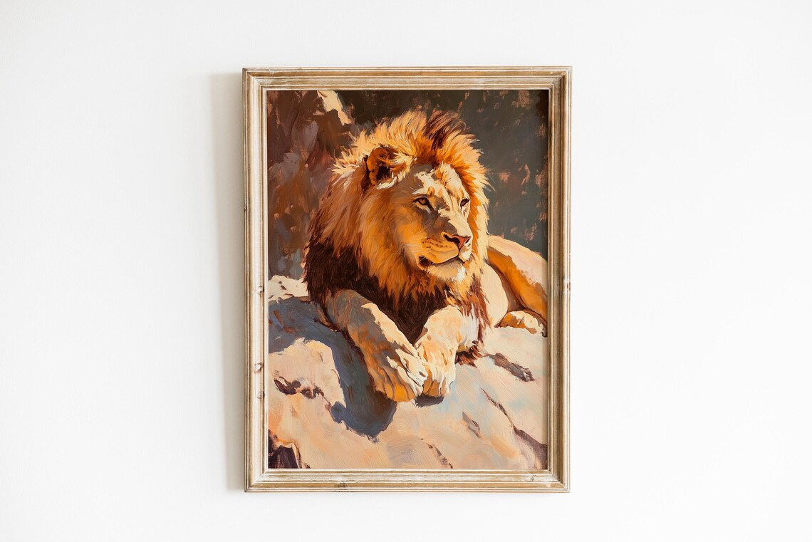 Majestic Lion Resting On Sunwarmed Rock Realistic Wall Art Earthy Tones Nature Decor Artwork 331