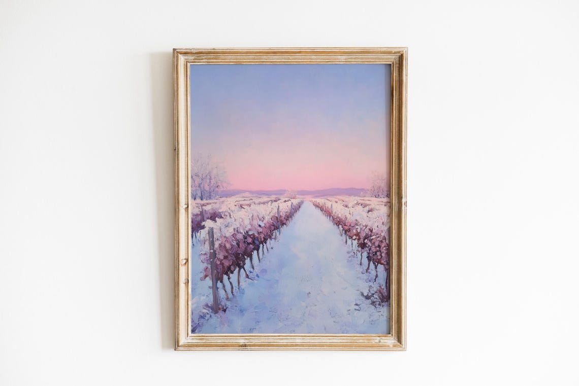 Snow Dust Vineyard Rows Lavender Pink Dawn Winter Art Poster