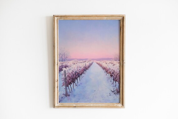 Snow Dust Vineyard Rows Lavender Pink Dawn Winter Art Poster