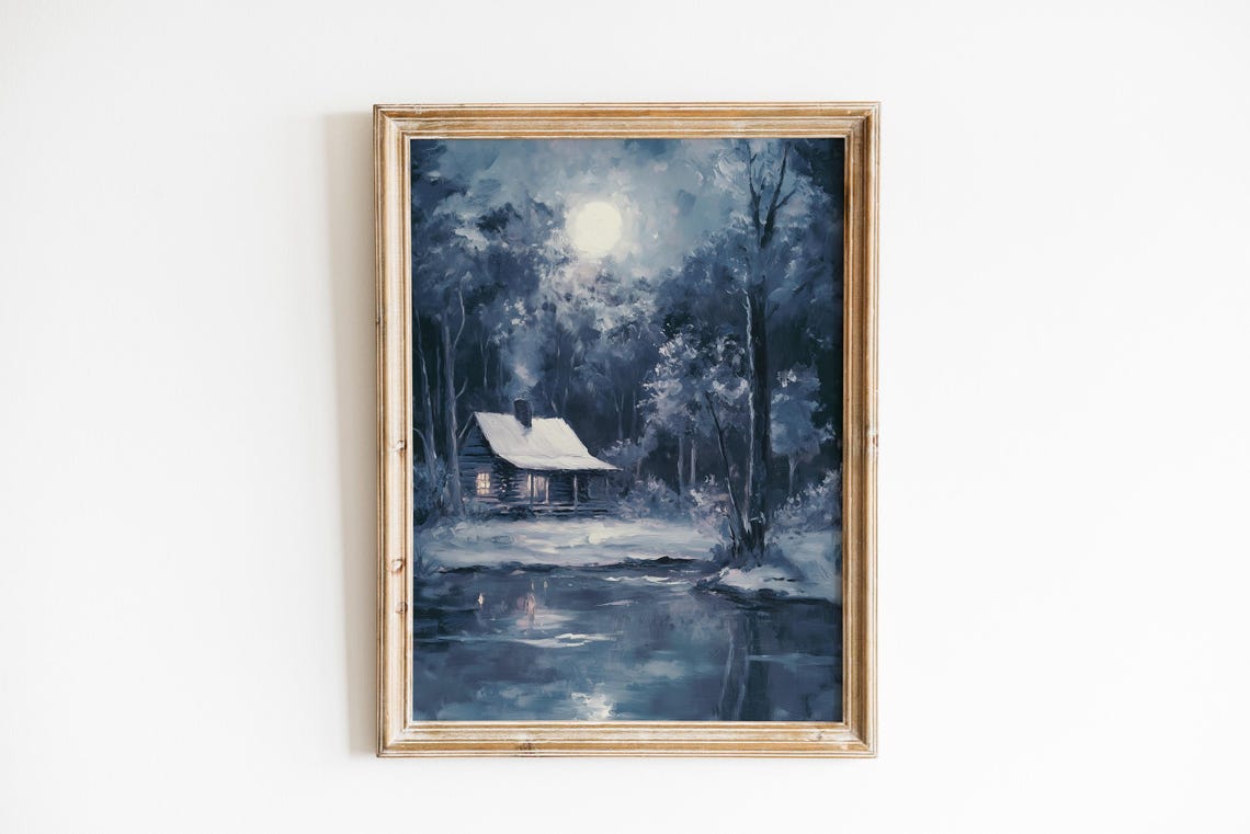 Moonlit Log Cabin in Snowy Woods Winter Night Painting Poster