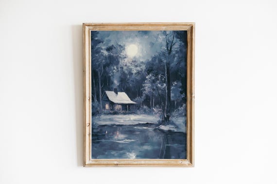 Moody Rustic Cabin By A Moonlit Lake Cool Blue And Gray Landscape Painting Serene Nighttime Decor Art 958
