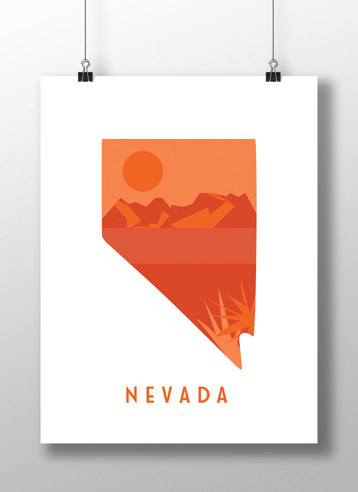 Nevada Red Rock Desert Mountains Cactus Sunset State Map Poster