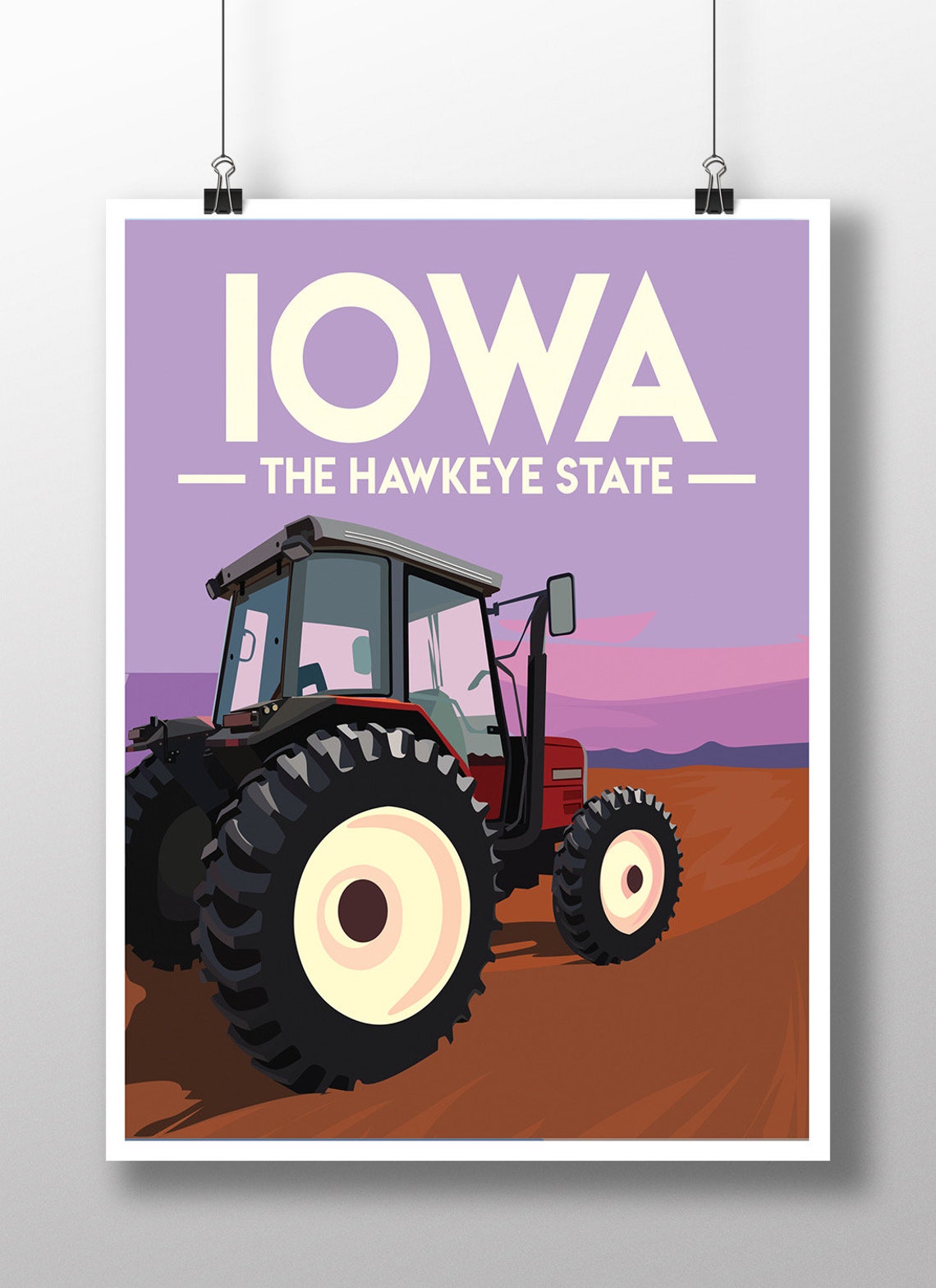Iowa The Hawkeye State Red Tractor Farm Field Vintage Travel Poster