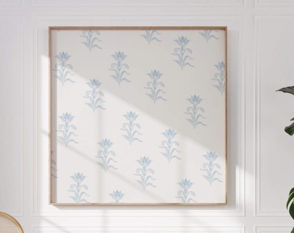 Light Blue Floral Sprig Block Pattern on Cream Cottage Poster