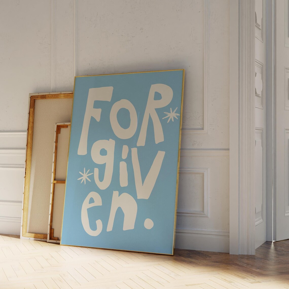 Forgiven Cream Lettering Sky Blue Christian Quote Square Decor Poster