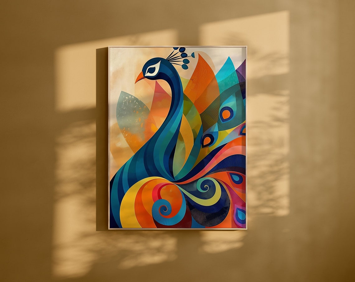 Stylized Peacock in Rainbow Geometric Colors Design Wall Print
