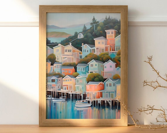 Sausalito California Pastel Beach House Travel Poster