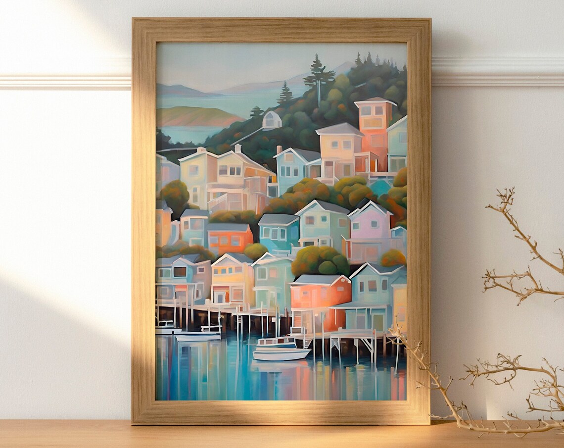 Sausalito California Pastel Beach House Travel Poster