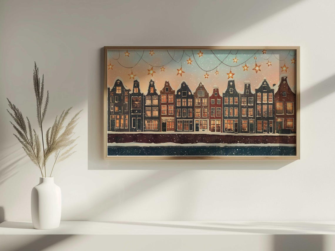 Winter Amsterdam Canal Houses Snow Star Lanterns Holiday Art Poster - Image 2