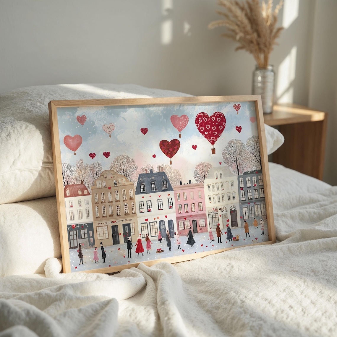 Heart Hot Air Balloons Over Valentine Town Square Romantic Poster - Image 6