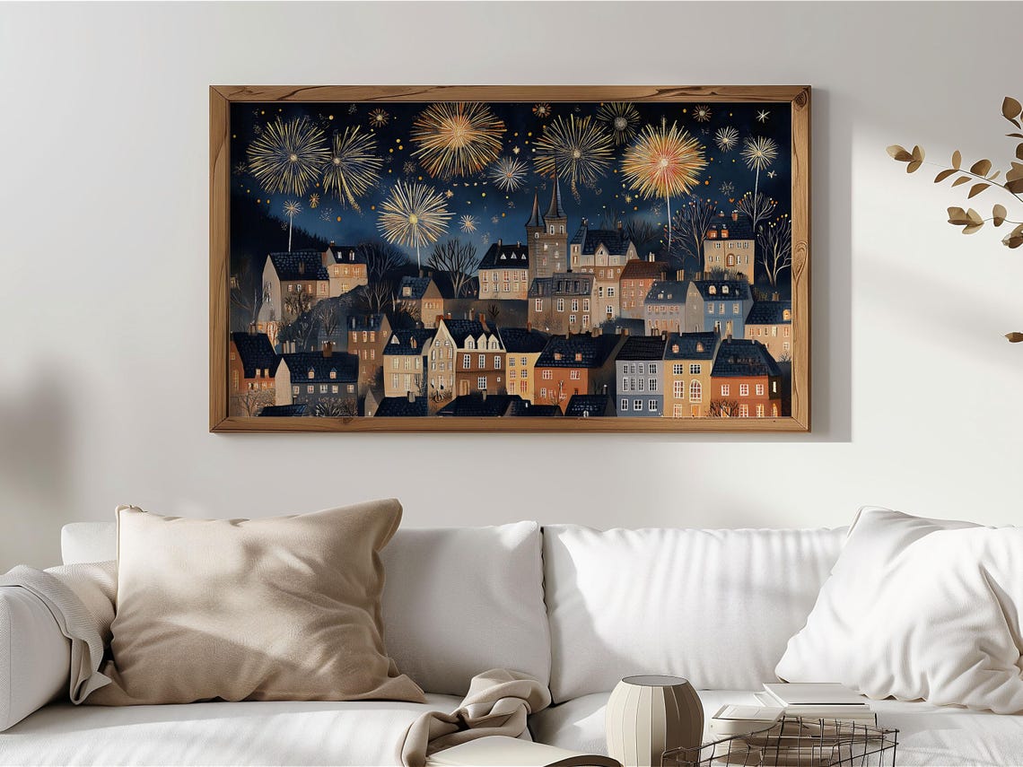 New Year Fireworks Night Sky European Town Celebration Art Poster - Image 3