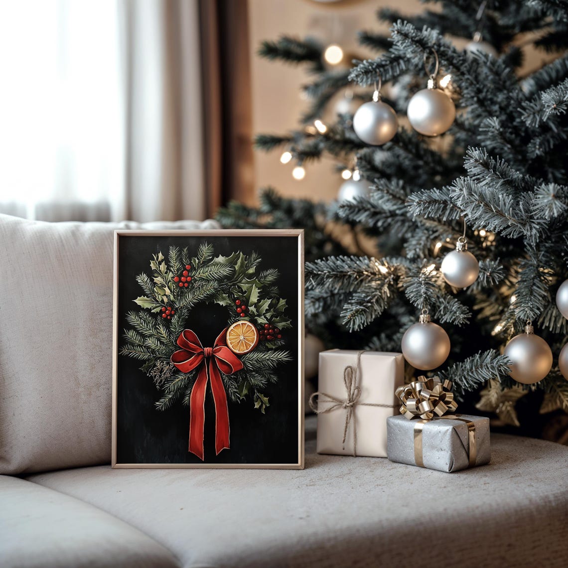 Vintage Christmas Wreath With Red Bow And Dried Orange On Black Poster - Image 2