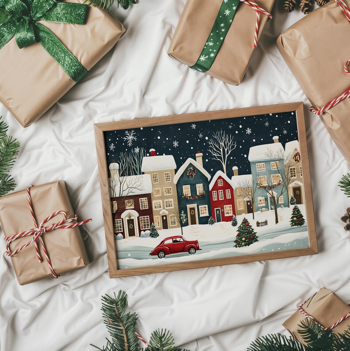 Christmas Town Night Snowy Village Red Car Glowing Holiday Poster - Image 6